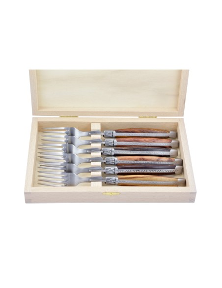 Coffret de fourchettes de table Laguiole, finition inox brossé, manche galbé en bois divers
