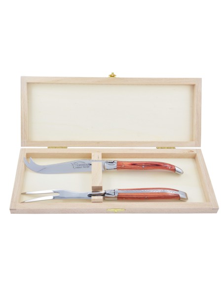 Service à fromage Laguiole. Couteau et fourchette finition brillant, manche galbé en bois