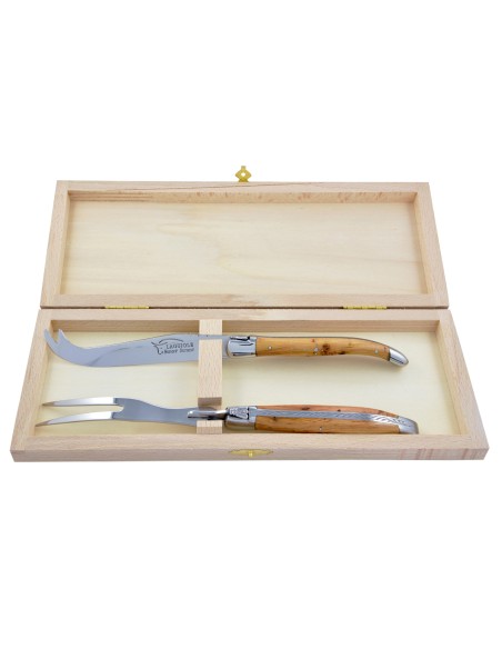 Service à fromage Laguiole. Couteau et fourchette finition brillant, manche galbé en bois