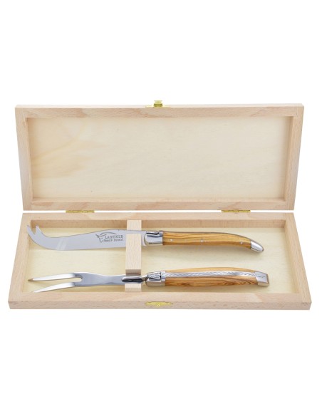 Service à fromage Laguiole. Couteau et fourchette finition brillant, manche galbé en bois