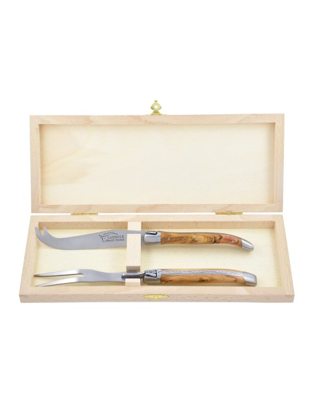 Service à fromage Laguiole. Couteau et fourchette finition mat, manche galbé en bois d'olivier