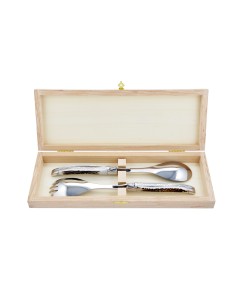 Service à salade Laguiole. Fourchette et cuillère finition inox brillant, manches galbés en bois de