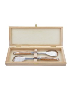Service à salade Laguiole. Fourchette et cuillère finition inox brillant, manches galbés en bois de