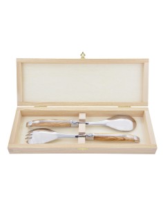 Service à salade Laguiole. Fourchette et cuillère finition inox brillant, manches galbés en bois de