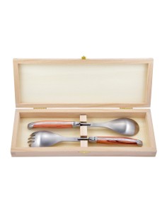 Service à salade Laguiole. Fourchette et cuillère finition inox brillant, manches galbés en bois de