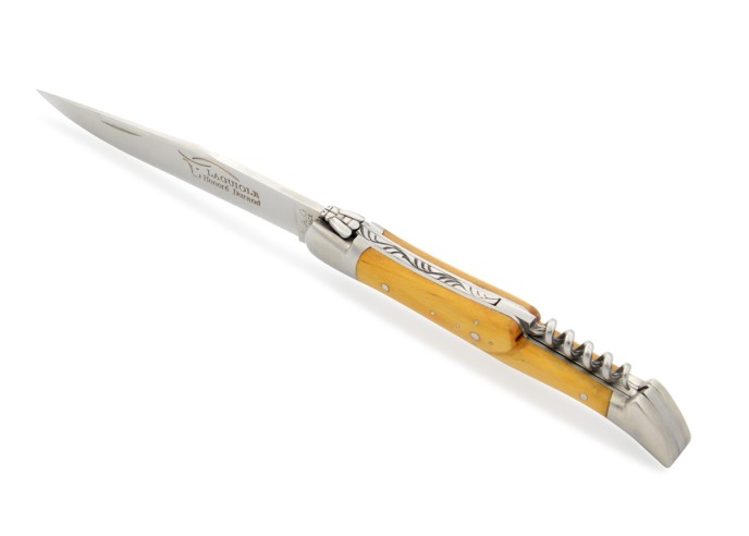 Laguiole pliant, 12 cm, abeille soudée, lame & tire-bouchon, mitres inox mat, manche buis