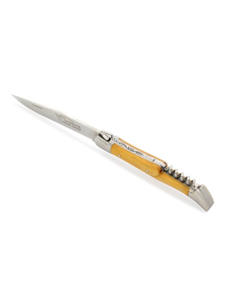 Laguiole pliant, 12 cm, abeille soudée, lame & tire-bouchon, mitres inox mat, manche buis