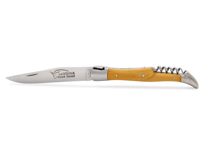 Laguiole pliant, 12 cm, abeille soudée, lame & tire-bouchon, mitres inox mat, manche buis