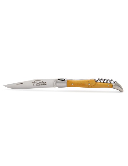Laguiole pliant, 12 cm, abeille soudée, lame & tire-bouchon, mitres inox mat, manche buis