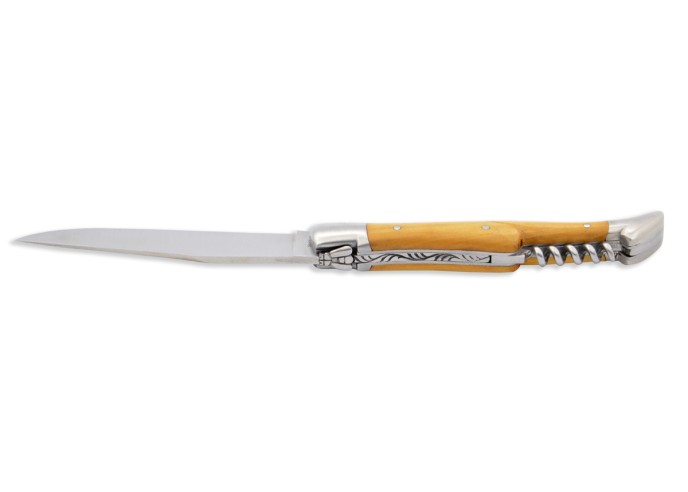 Laguiole pliant, 12 cm, abeille soudée, lame & tire-bouchon, mitres inox mat, manche buis