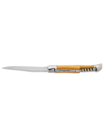Laguiole pliant, 12 cm, abeille soudée, lame & tire-bouchon, mitres inox mat, manche buis