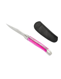 Laguiole 11 cm abeille soudée, mitres inox brillant, manche acrylique rose & étui poche en cuir