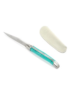Laguiole 11 cm abeille soudée, mitres inox brillant, manche acrylique turquoise & étui poche en cuir 2