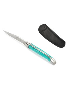 Laguiole 11 cm abeille soudée, mitres inox brillant, manche acrylique turquoise & étui poche en cuir