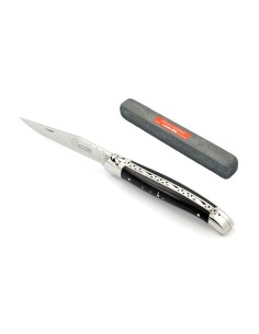 Laguiole 11 cm abeille forgée, mitres inox brillant, manche bois d'ébène & pierre spéciale couteaux