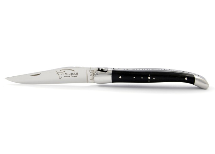 Laguiole 11 cm abeille forgée, mitres inox brillant, manche bois d'ébène & pierre à aiguiser "L'idéale"