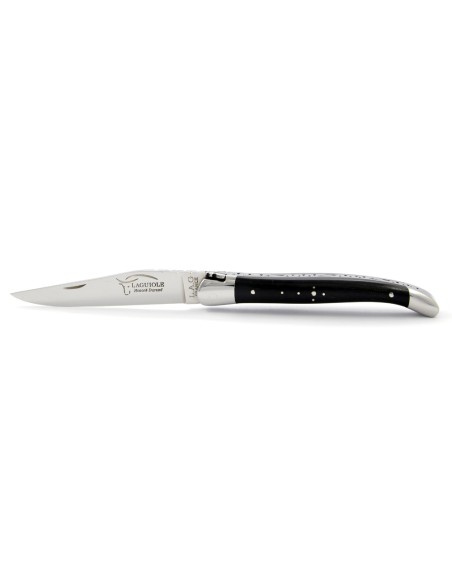 Laguiole 11 cm abeille forgée, mitres inox brillant, manche bois d'ébène & pierre à aiguiser "L'idéale"