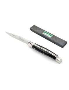 Laguiole 11 cm abeille forgée, mitres inox brillant, manche bois d'ébène & pierre à aiguiser "L'idéale"