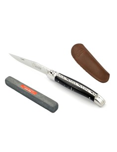 Laguiole abeille forgée 11 cm, mitres inox brillant, manche bois d'ébène & étui poche en cuir & pierre spéciale couteaux