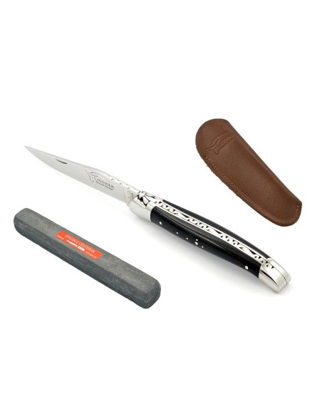 Laguiole abeille forgée 11 cm, mitres inox brillant, manche bois d'ébène & étui poche en cuir & pierre spéciale couteaux