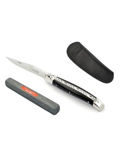 Laguiole abeille forgée 11 cm, mitres inox brillant, manche bois d'ébène & étui poche en cuir & pierre spéciale couteaux 2