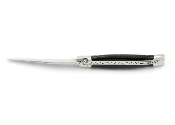 Laguiole abeille forgée 11 cm, mitres inox brillant, manche bois d'ébène & étui poche en cuir & pierre spéciale couteaux