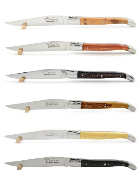 Laguiole Steakmesser, Heftbacken aus glänzendem Edelstahl, breiterer Griff aus verschiedene Holzarten