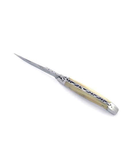 Laguiole pliant, 11 cm, manche en pointe de corne (claire), abeille forgée, lame seule