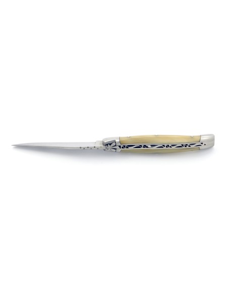 Laguiole pliant, 11 cm, manche en pointe de corne (claire), abeille forgée, lame seule