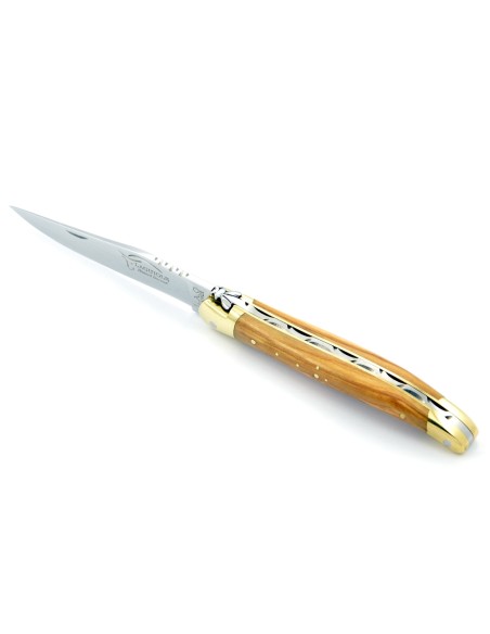 Laguiole pliant, 11 cm, abeille forgée, lame seule, mitres laiton, manche en olivier