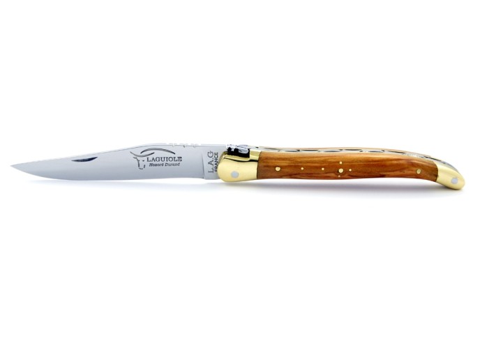 Laguiole pliant, 11 cm, abeille forgée, lame seule, mitres laiton, manche en olivier
