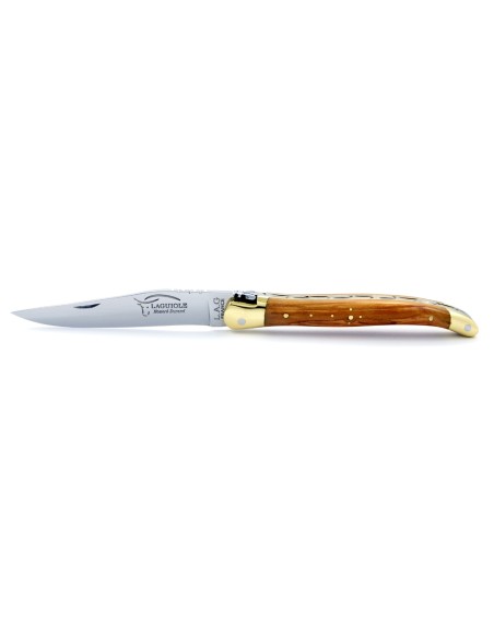 Laguiole pliant, 11 cm, abeille forgée, lame seule, mitres laiton, manche en olivier