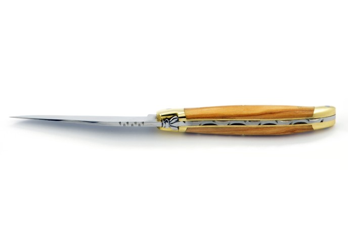 Laguiole pliant, 11 cm, abeille forgée, lame seule, mitres laiton, manche en olivier