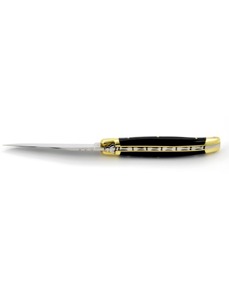 Laguiole pliant, 11 cm, abeille forgée, lame seule, mitres laiton, manche en ébène