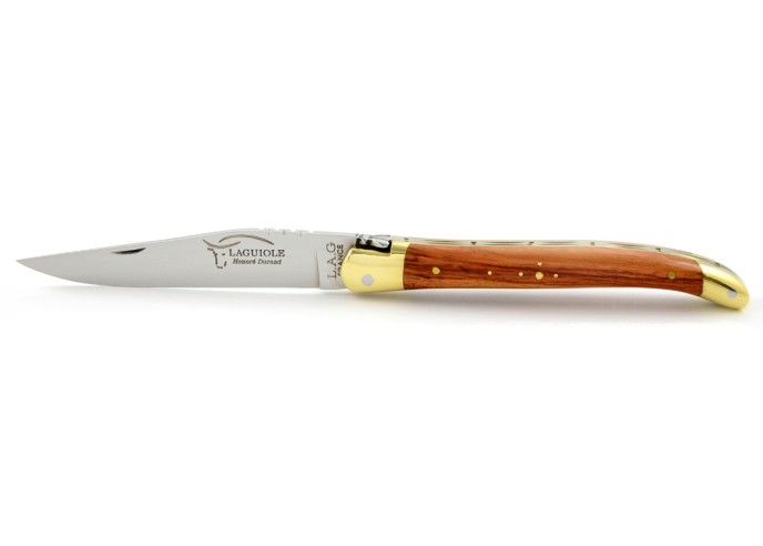 Laguiole pliant, 11 cm, abeille forgée, lame seule, mitres laiton, manche en bois de rose