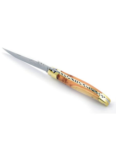 Laguiole pliant, 11 cm, abeille forgée, lame seule, mitres laiton, manche en genévrier-cade