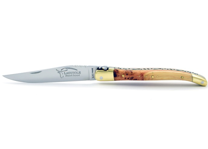 Laguiole pliant, 11 cm, abeille forgée, lame seule, mitres laiton, manche en genévrier-cade