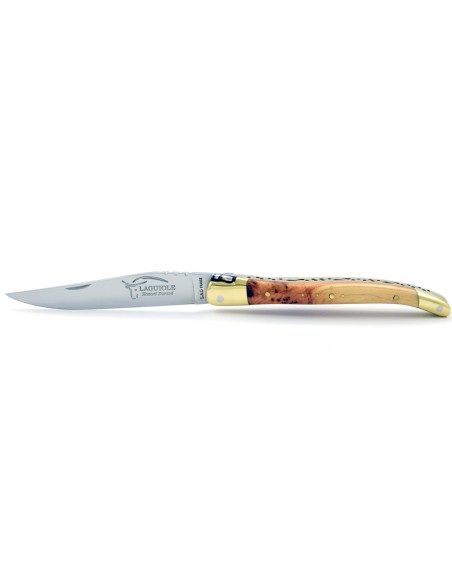 Laguiole pliant, 11 cm, abeille forgée, lame seule, mitres laiton, manche en genévrier-cade