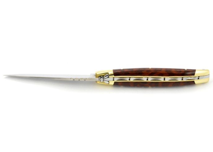 Laguiole pliant, 11 cm, abeille forgée, lame seule, mitres laiton, manche bois d'amourette