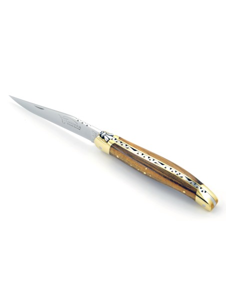 Laguiole pliant, 11 cm, abeille forgée, lame seule, mitres laiton, manche en bois de pistachier