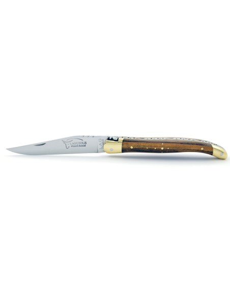 Laguiole pliant, 11 cm, abeille forgée, lame seule, mitres laiton, manche en bois de pistachier