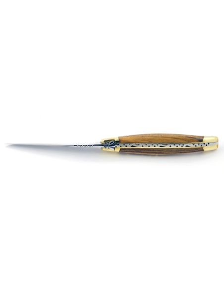Laguiole pliant, 11 cm, abeille forgée, lame seule, mitres laiton, manche en bois de pistachier