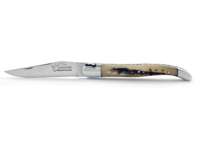 Laguiole pliant, 12 cm, abeille forgée, lame seule, mitres inox brillant, manche en corne de bélier (avec croûte)