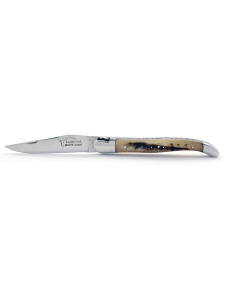 Laguiole pliant, 12 cm, abeille forgée, lame seule, mitres inox brillant, manche en corne de bélier (avec croûte)