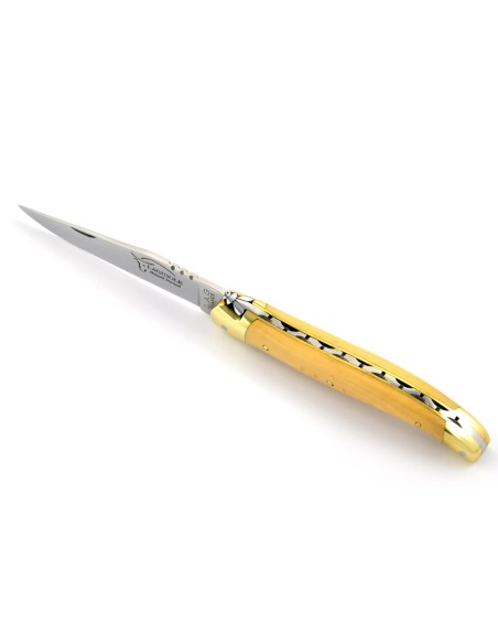 Laguiole pliant, 11 cm, abeille forgée, lame seule, mitres laiton, manche en buis