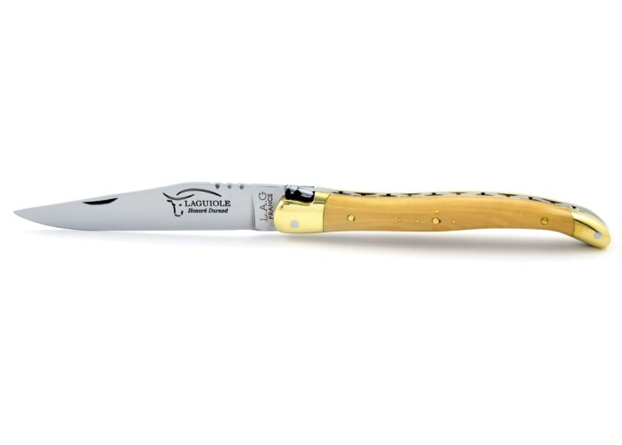 Laguiole pliant, 11 cm, abeille forgée, lame seule, mitres laiton, manche en buis
