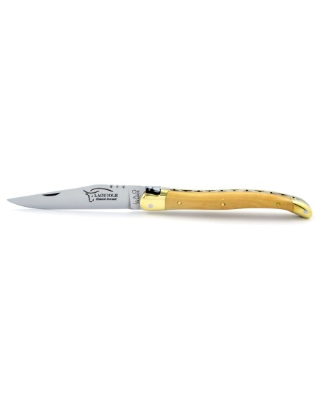 Laguiole pliant, 11 cm, abeille forgée, lame seule, mitres laiton, manche en buis