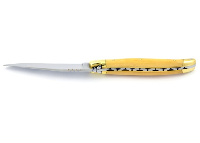 Laguiole pliant, 11 cm, abeille forgée, lame seule, mitres laiton, manche en buis
