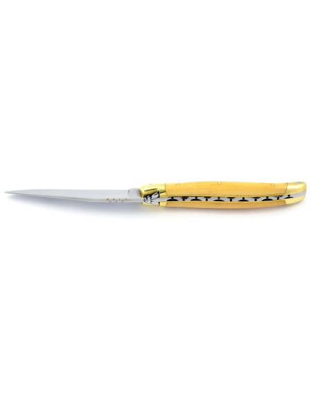 Laguiole pliant, 11 cm, abeille forgée, lame seule, mitres laiton, manche en buis