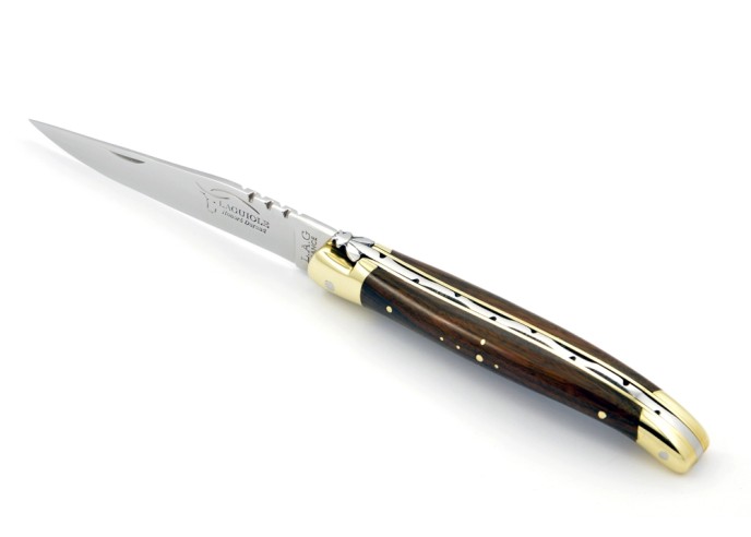 Laguiole pliant, 11 cm, abeille forgée, lame seule, mitres laiton, manche en bulnésia